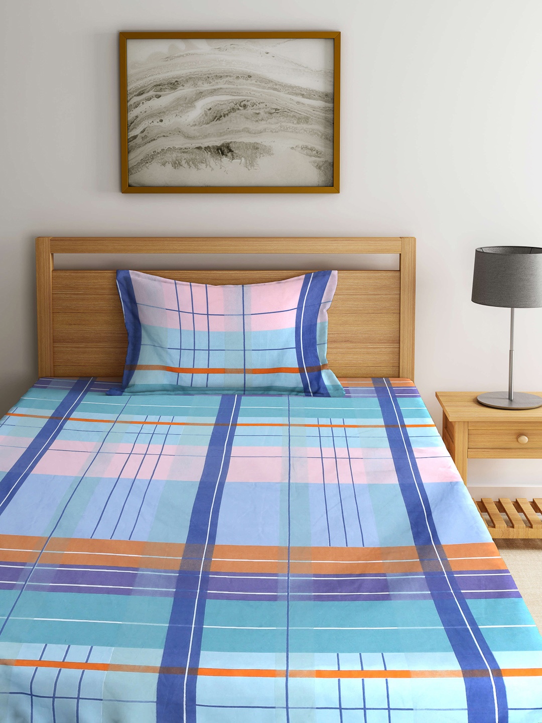 

Arrabi Blue & Pink Striped 300 TC Fitted Single Bedsheet With 1 Pillow Cover