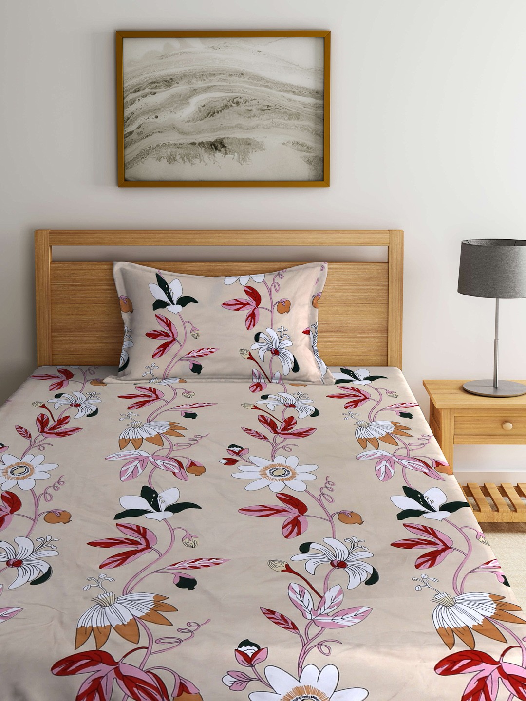 

Arrabi Brown & Pink Floral 300 TC Fitted Single Bedsheet with 1 Pillow Cover