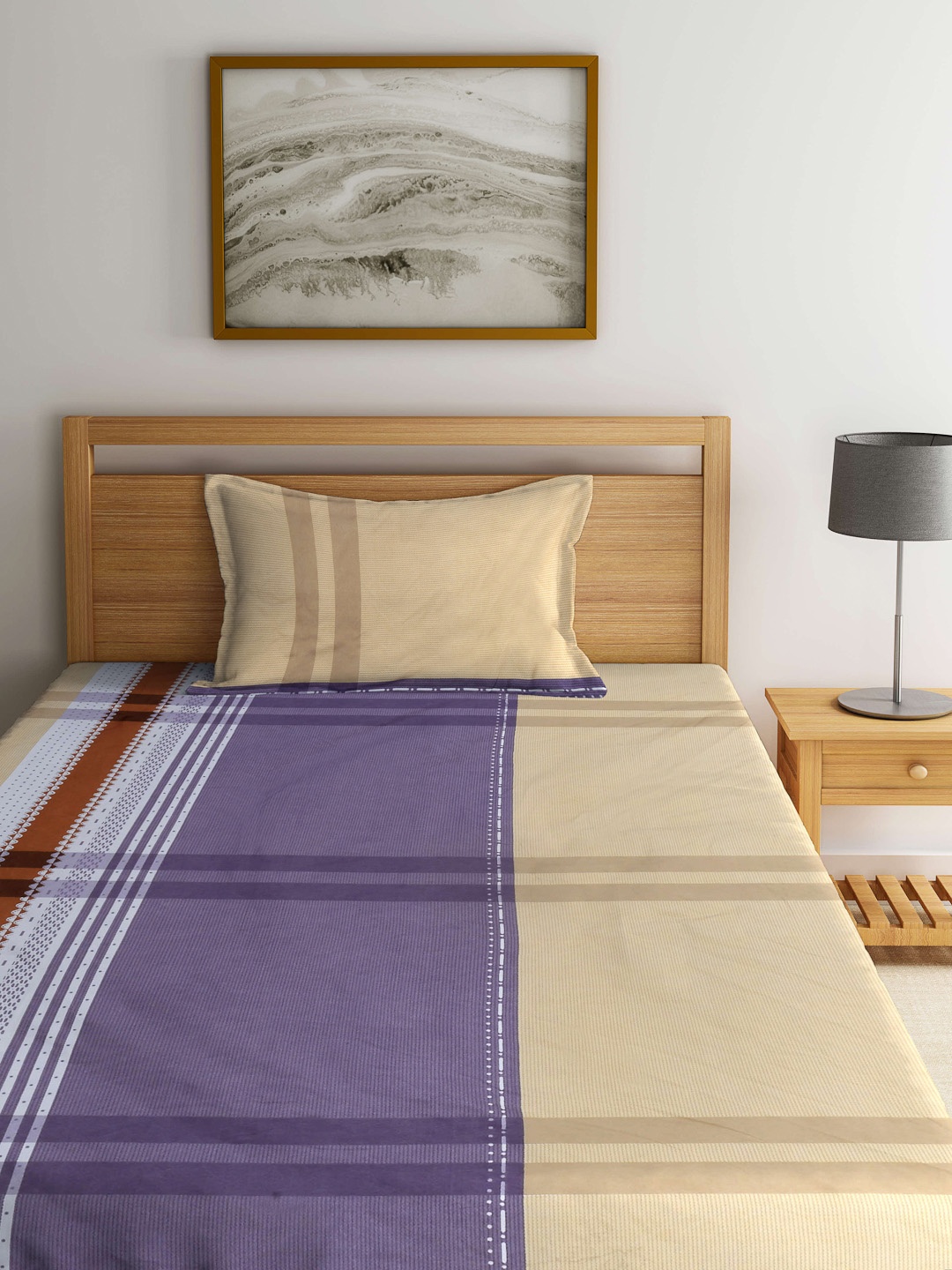 

Arrabi Beige & Purple Striped 300 TC Fitted Single Bedsheet with 1 Pillow Cover