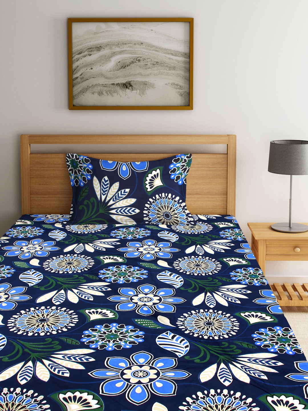 

Arrabi Blue & White Floral 300 TCFitted Single Bedsheet with 1 Pillow Cover