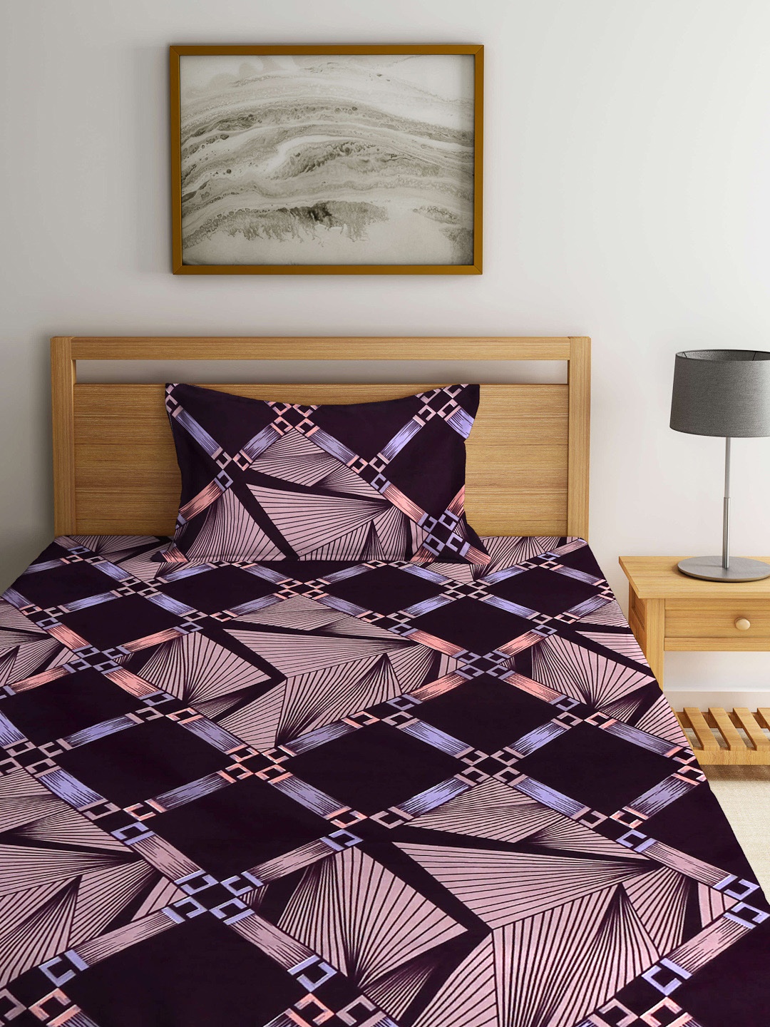 

Arrabi Brown & Purple Geometric Printed 300 TC Fitted Single Bedsheet & Pillow Cover