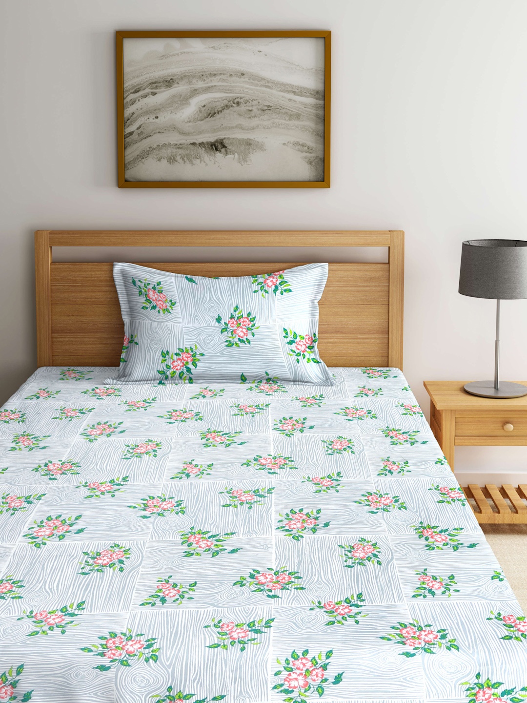 

Arrabi White & Grey Floral Printed 300 TC Fitted Single Bedsheet & Pillow Cover