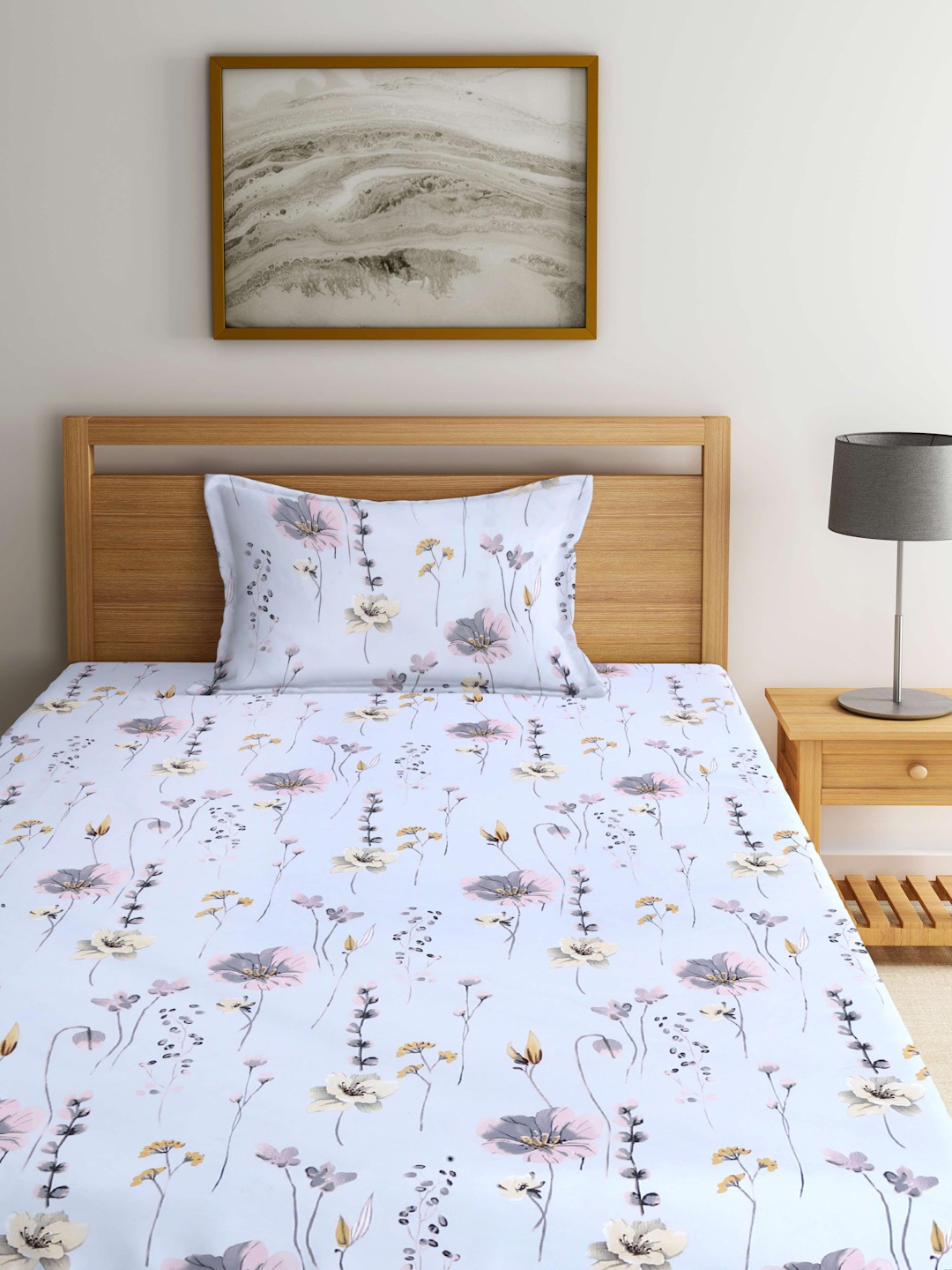 

Arrabi Grey & Pink Floral Fitted 300 TC Single Bedsheet With 1 Pillow Cover