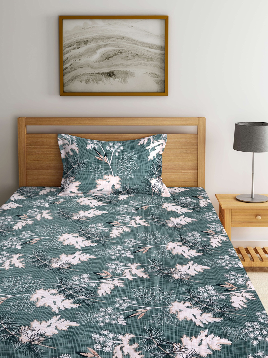 

Arrabi Green & White Floral 300 TC Fitted Single Bedsheet with 1 Pillow Cover
