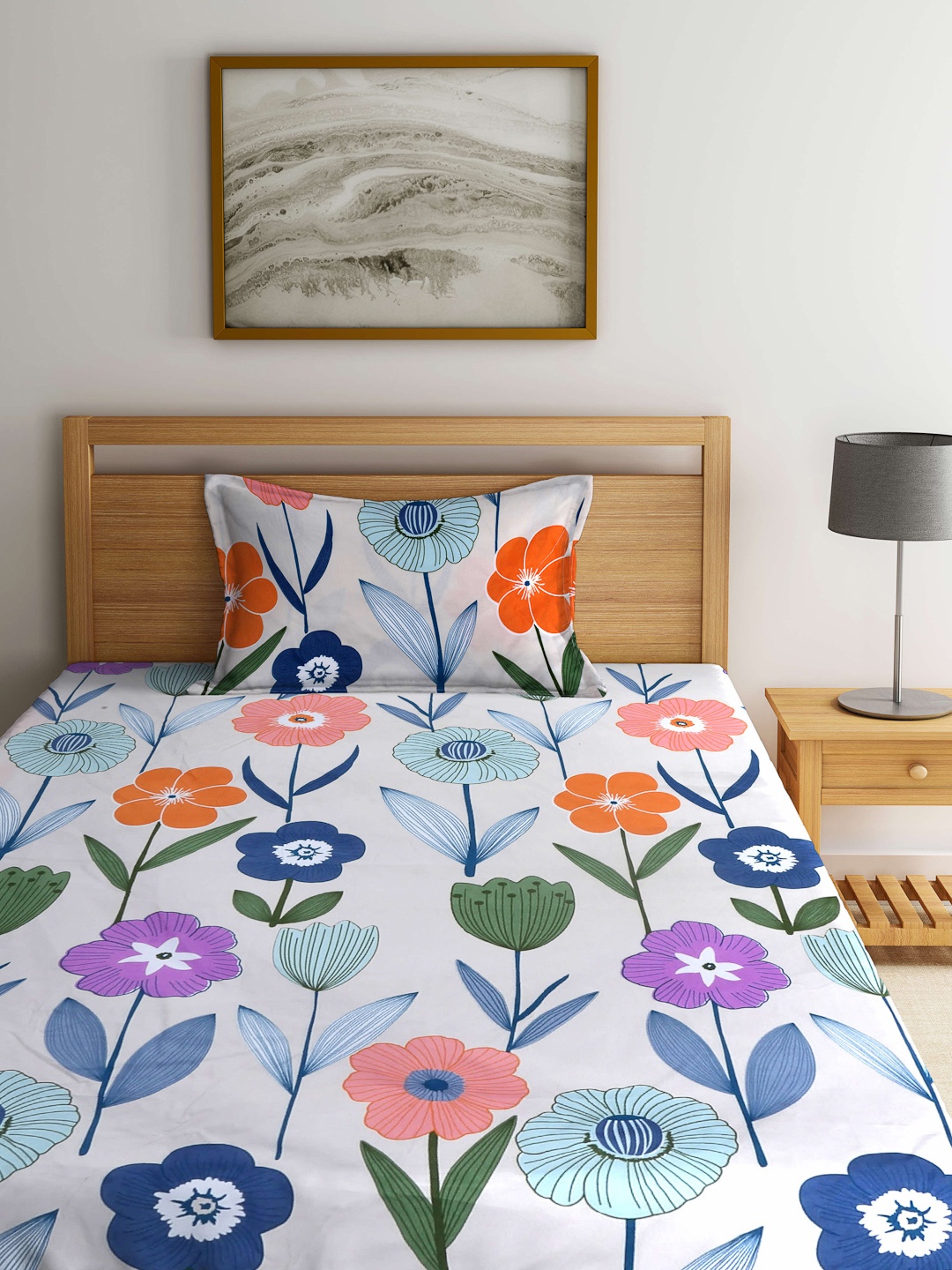 

Arrabi White & Orange Floral 300 TC Fitted Single Bedsheet with 1 Pillow Covers