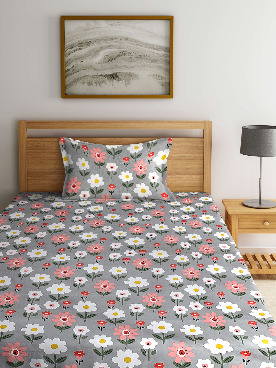 

Arrabi Grey & Pink Floral 300 TC Fitted Single Bedsheet with 1 Pillow Covers