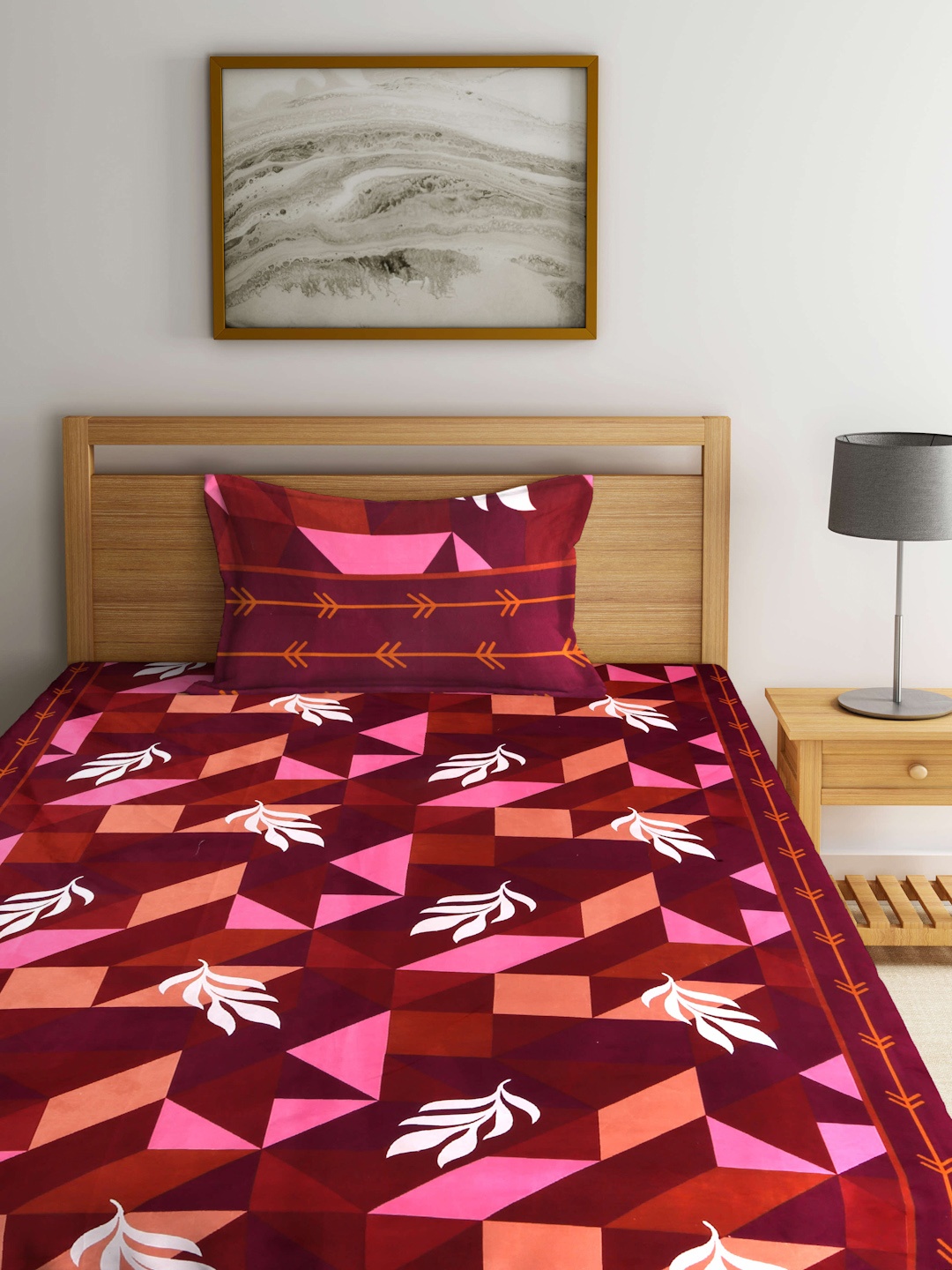 

Arrabi Maroon & Pink Floral 300 TC Fitted Single Bedsheet with 1 Pillow Cover