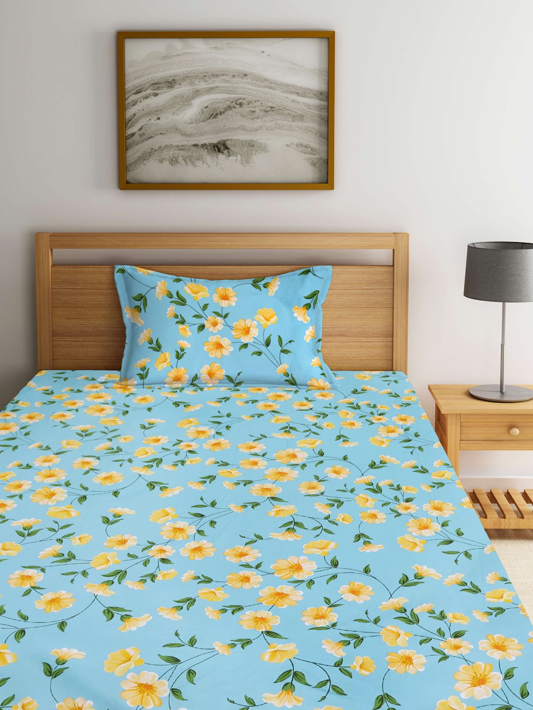 

Arrabi Turquoise Blue & Yellow Floral Printed 300 TC Fitted Single Bedsheet & Pillow Cover