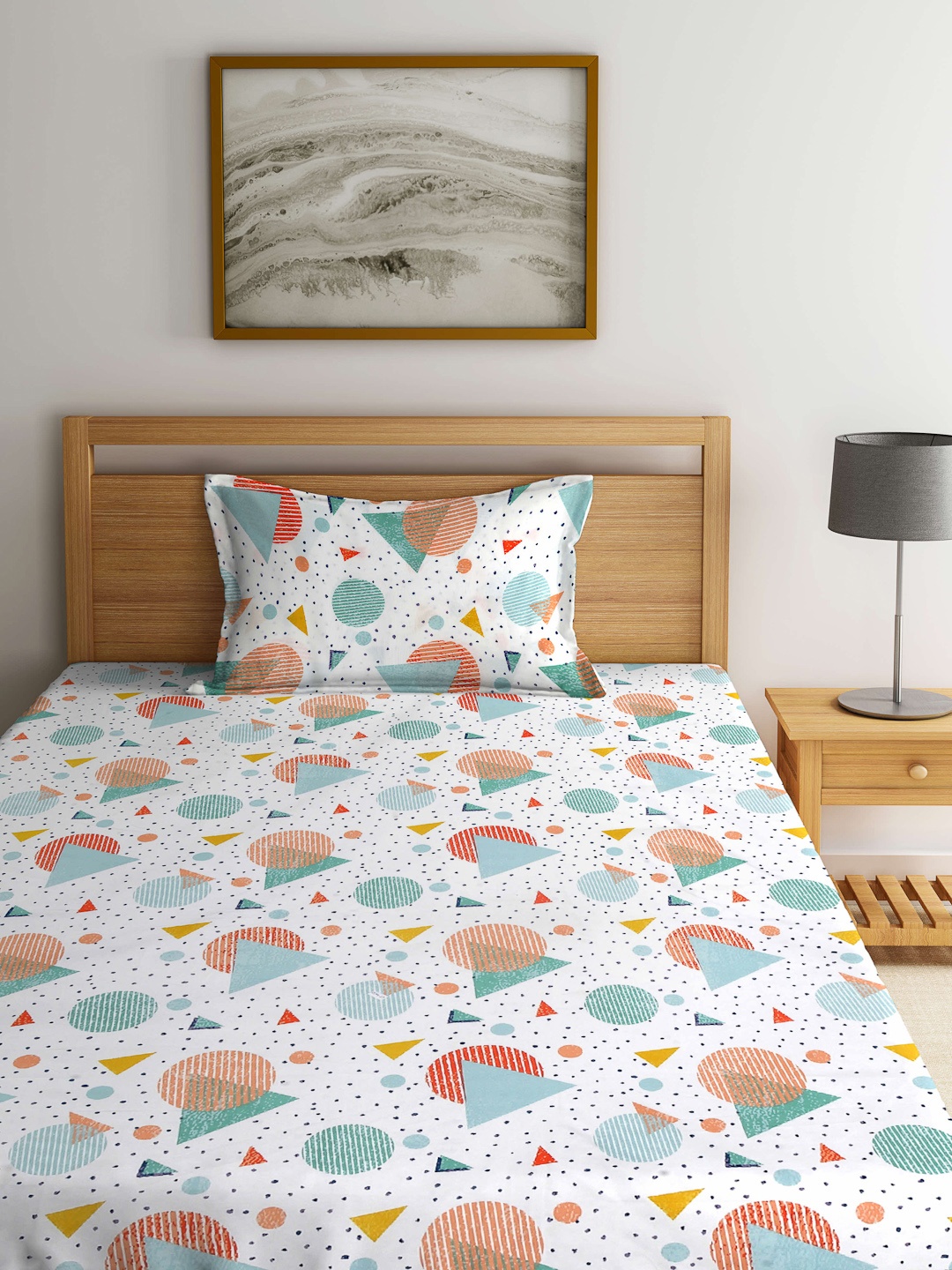 

Arrabi White & Orange Geometric 300 TC Fitted Single Bedsheet with 1 Pillow Covers
