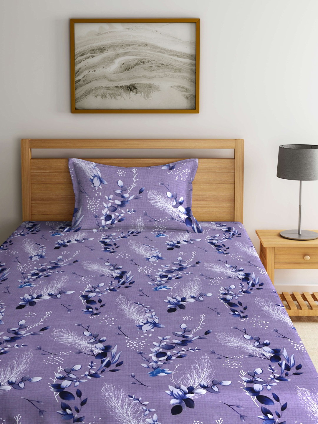 

Arrabi Purple & Grey Floral Printed 300 TC Fitted Single Bedsheet & Pillow Cover