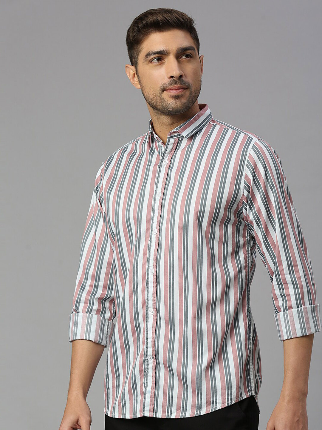 

Mast & Harbour Classic Slim Fit Striped Pure Cotton Casual Shirt, White