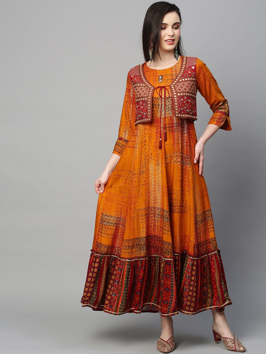 

INDYES Geometric Printed Mirror Work Tiering Anarkali Kurta, Mustard