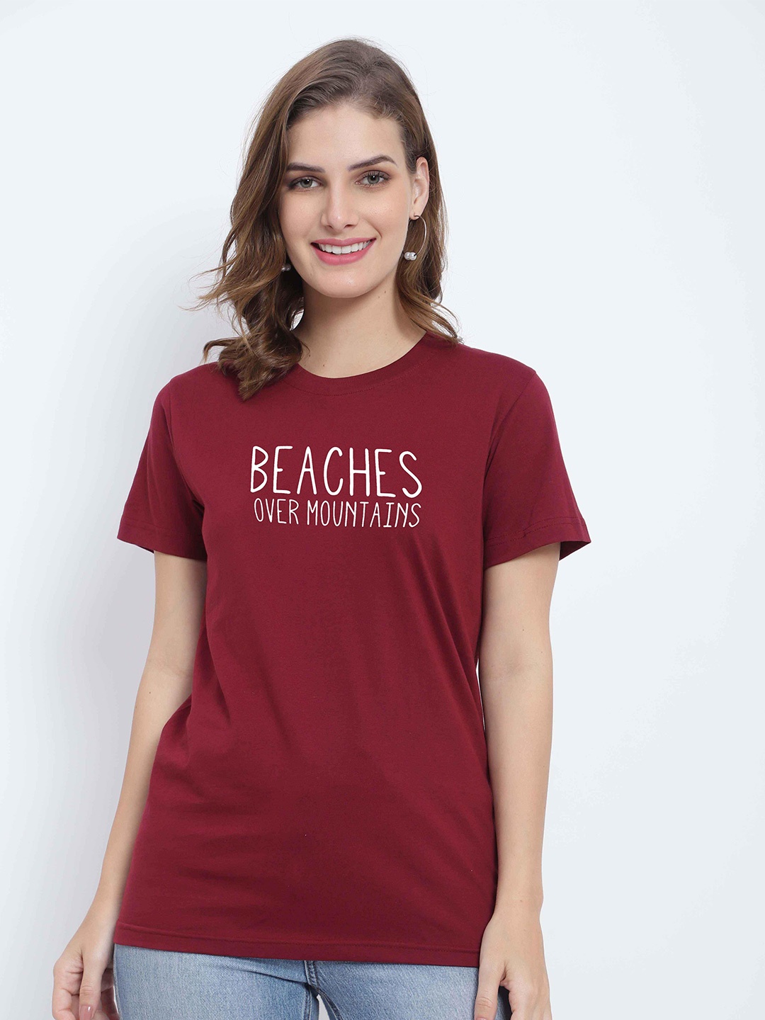 

T-SHIRT TRUCK Typography Printed Cotton T-shirt, Maroon