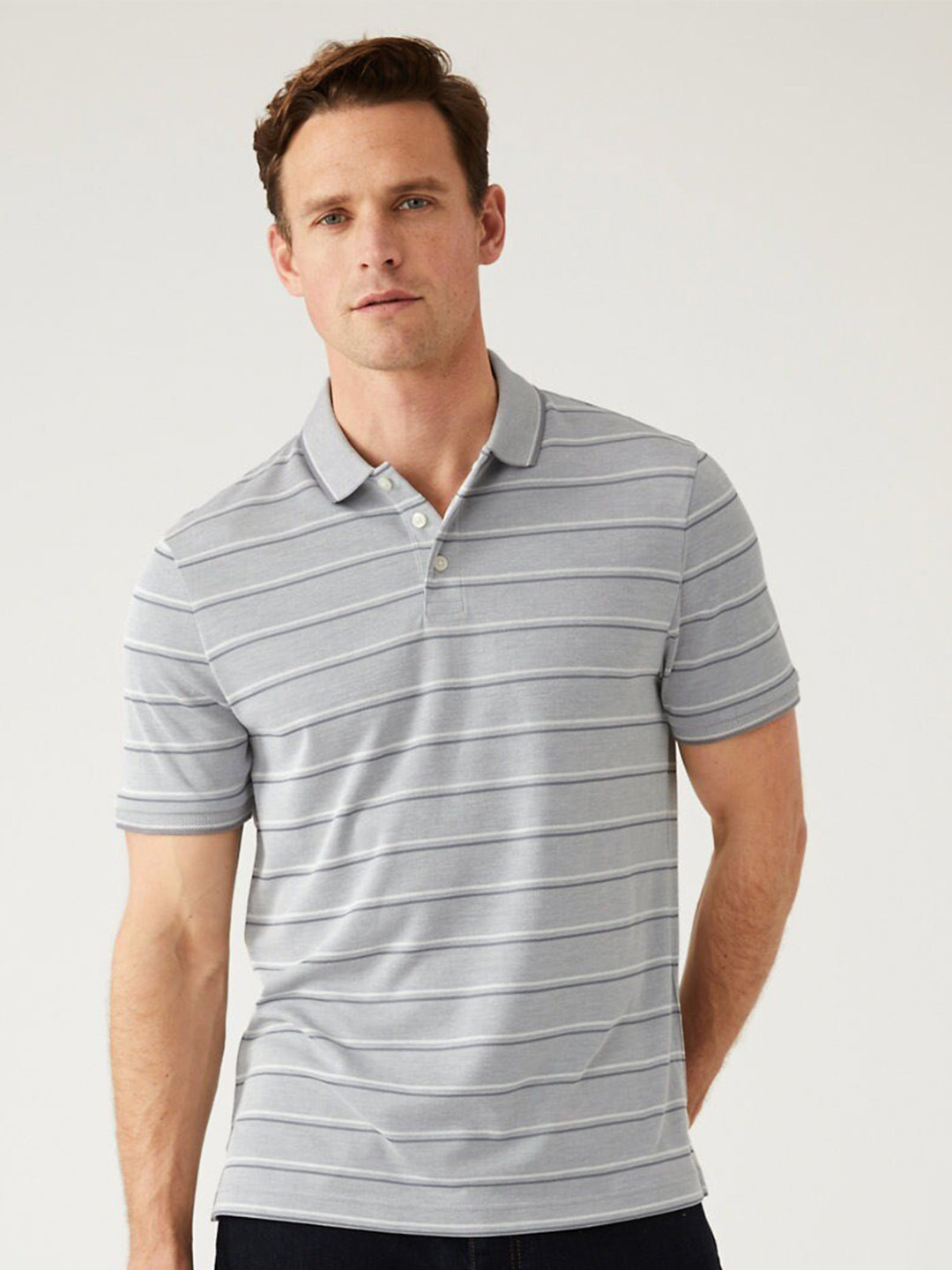 

Marks & Spencer Striped Polo Collar T-shirt, Grey