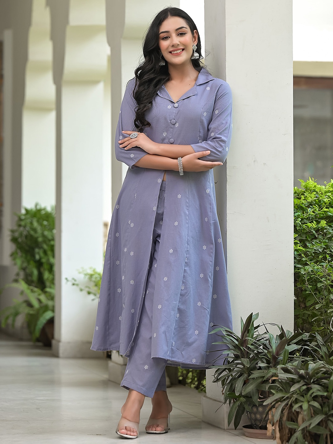 

Sangria Grey & White Ethnic Print Pure Cotton notch Lapel Collar A-Line Kurta With Trouser