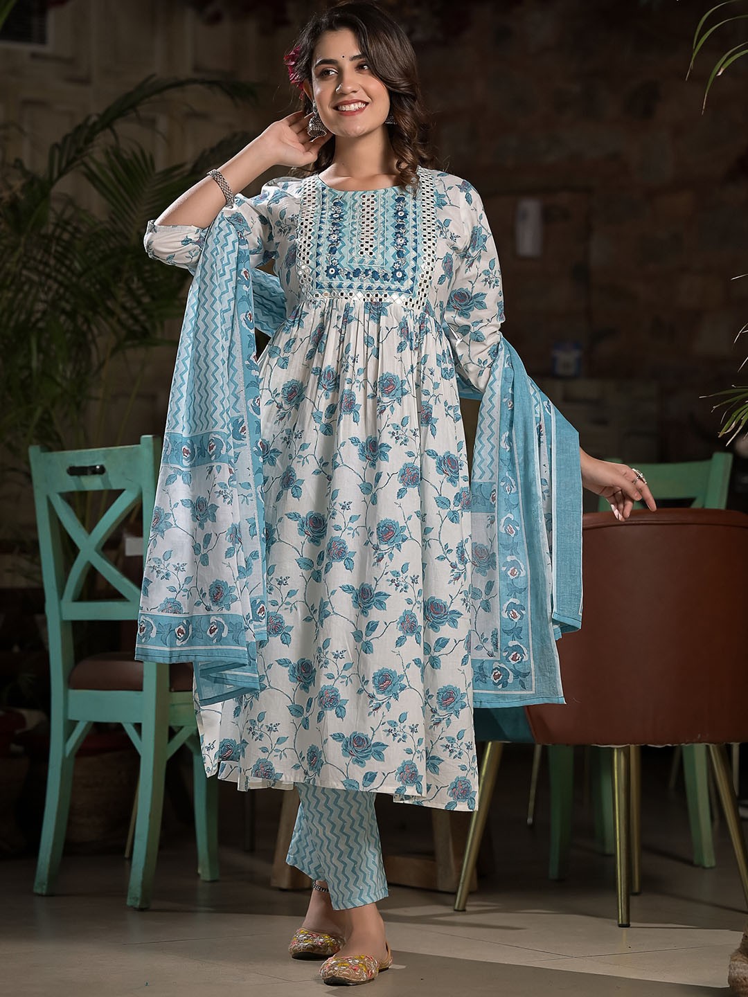 

Sangria White & Blue Printed & Embroidered Cotton Anarkali Kurta With Trouser & Dupatta