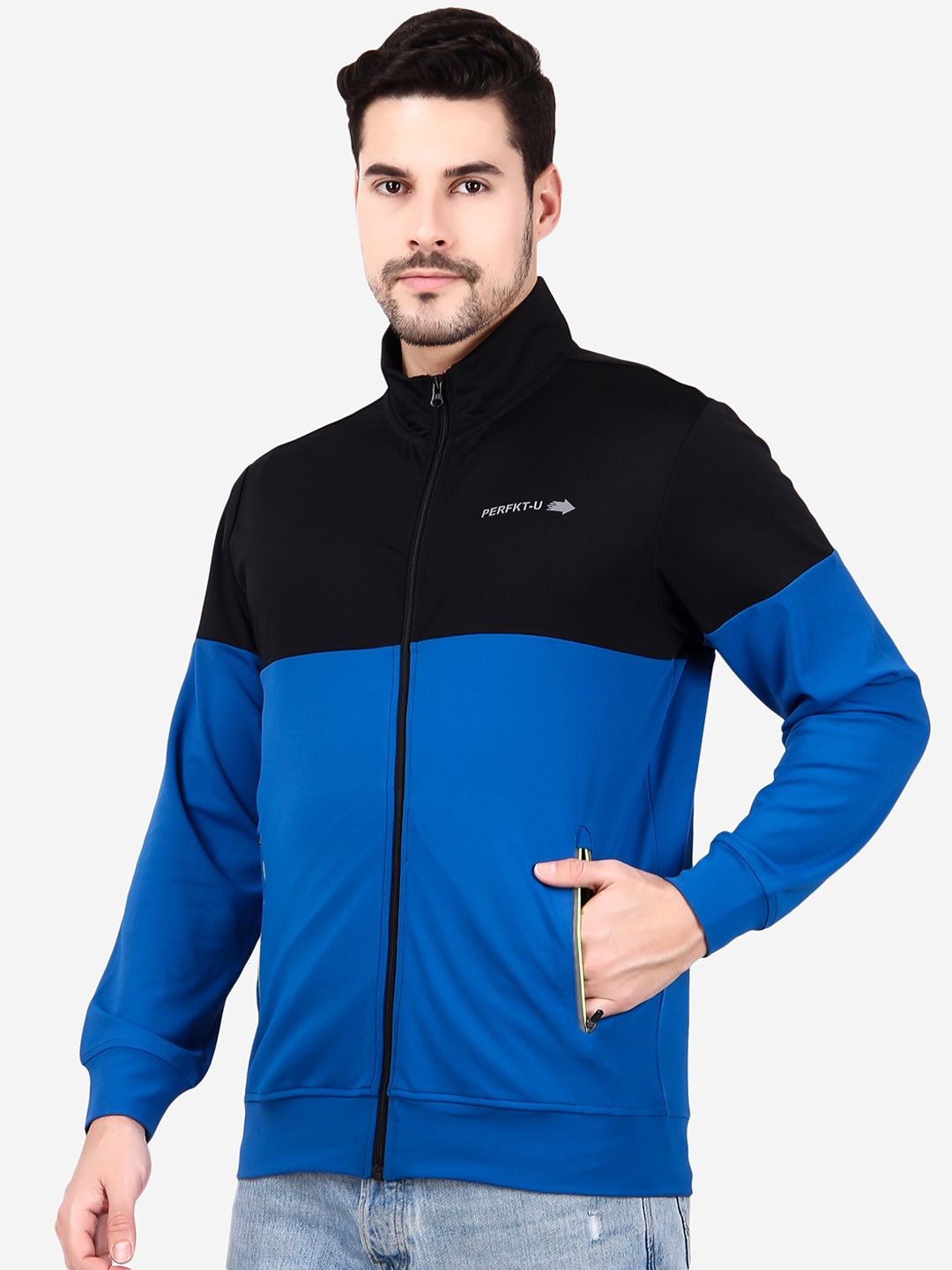 

PERFKT-U Colourblocked Windcheater Antimicrobial Sporty Jacket, Blue