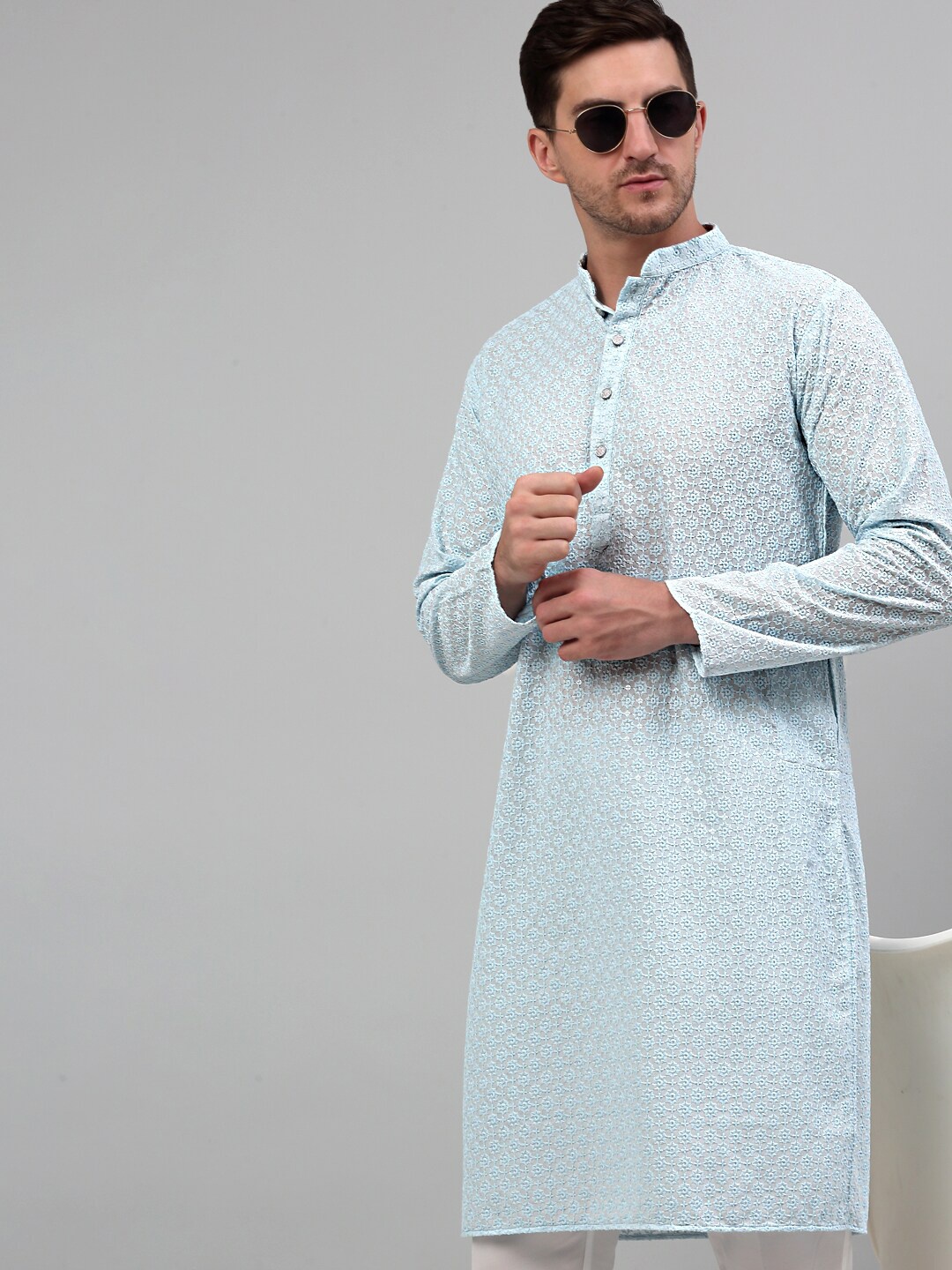 

Jompers Chikankari Embroidered Pure Cotton Kurta with Churidar, Turquoise blue