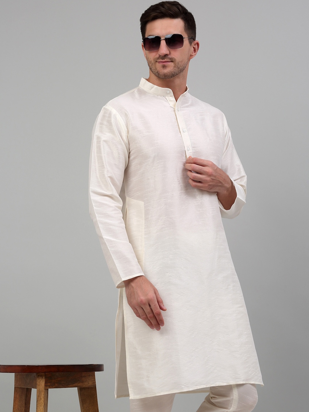 

Jompers Mandarin Collar Long Sleeves Dupion Silk Kurta with Churidar, Off white