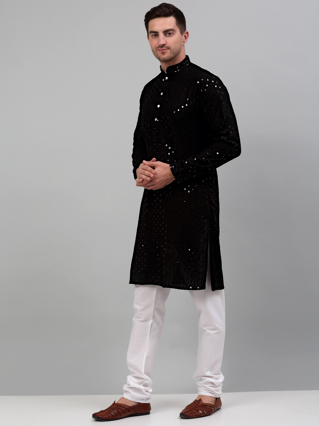 

Jompers Sequined Embroidered Pure Cotton Kurta with Churidar, Black
