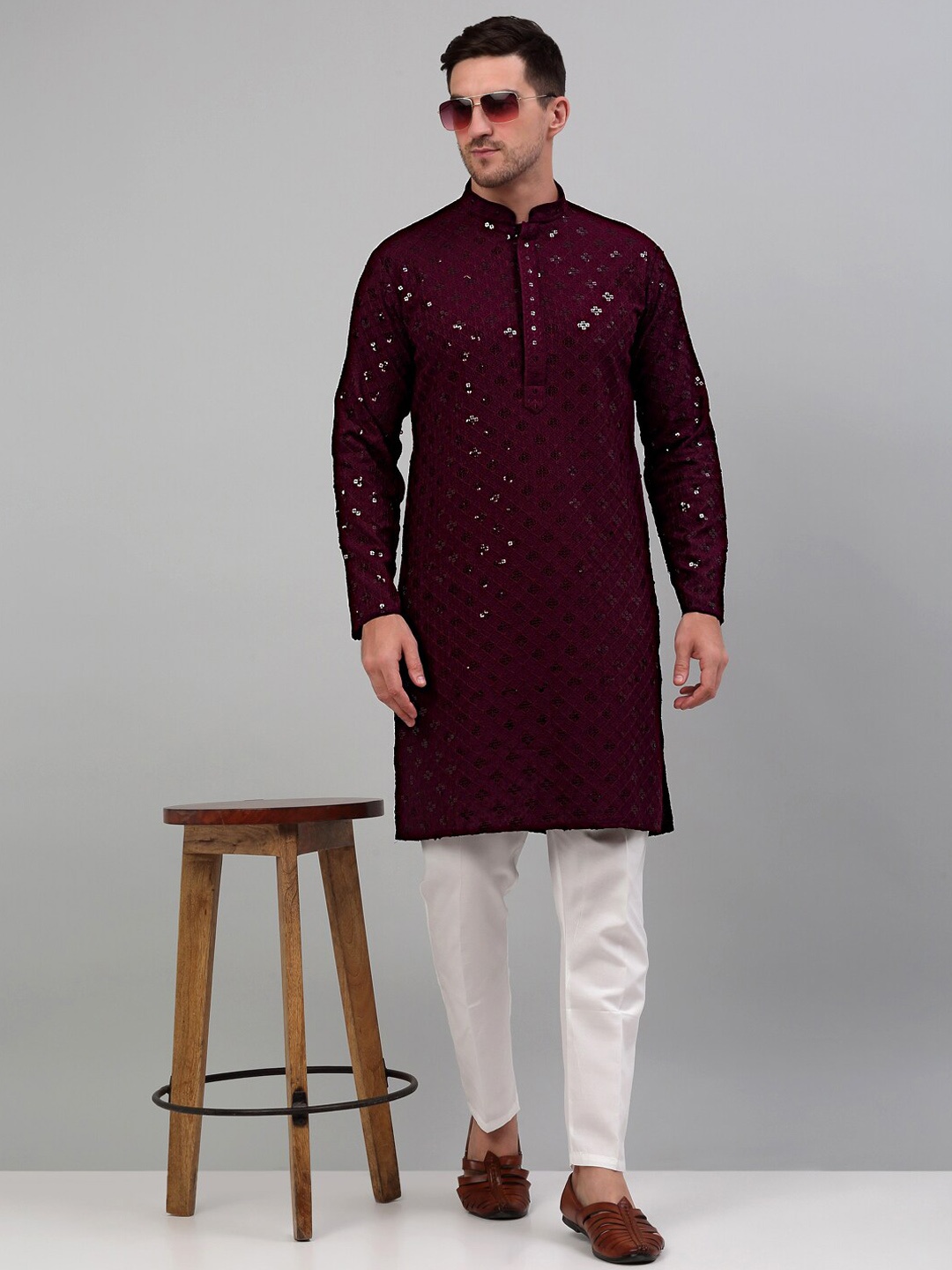 

Jompers Sequined Embroidered Kurta with Pyjamas, Purple