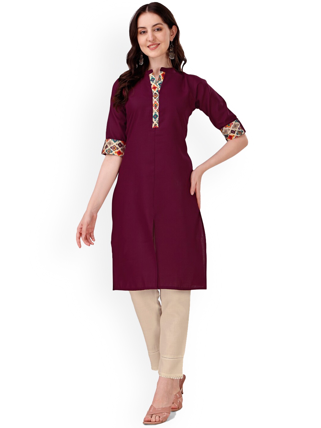 

KALINI Band Collar Roll-Up Sleeves Cotton Kurta, Maroon