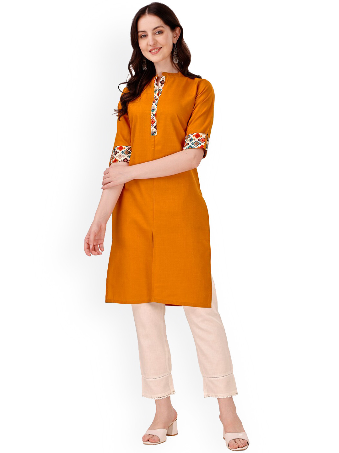 

KALINI Band Collar Roll-Up Sleeves Cotton Kurta, Orange