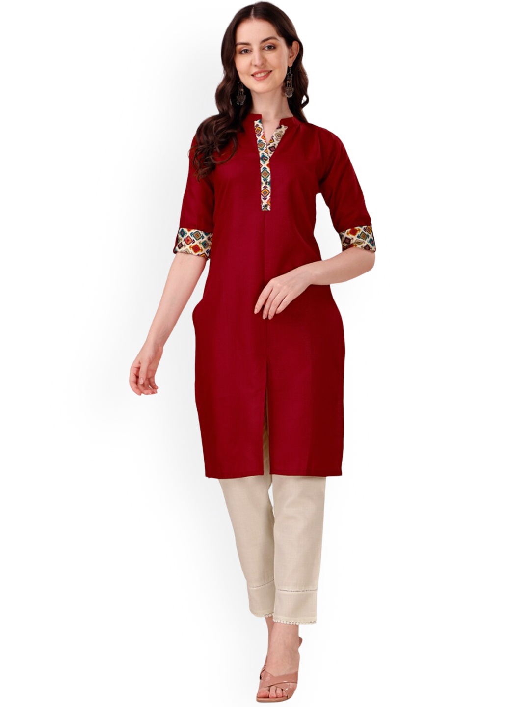 

KALINI Band Collar Roll-Up Sleeves Cotton Kurta, Maroon