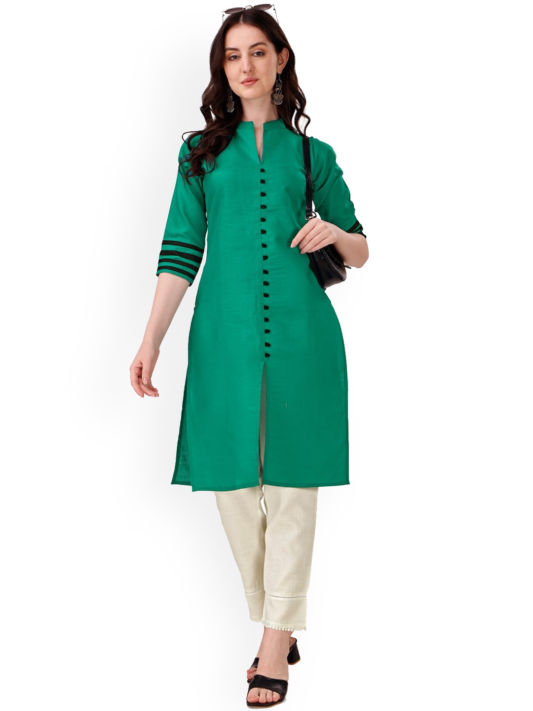 

KALINI Mandarin Collar Cotton Kurta, Green