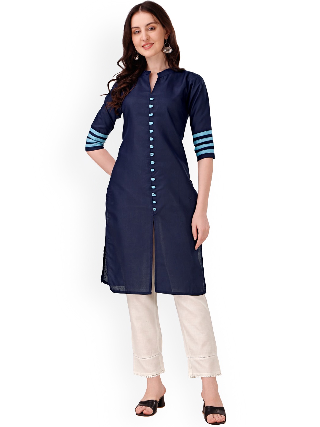 

KALINI Mandarin Collar Cotton Kurta, Navy blue