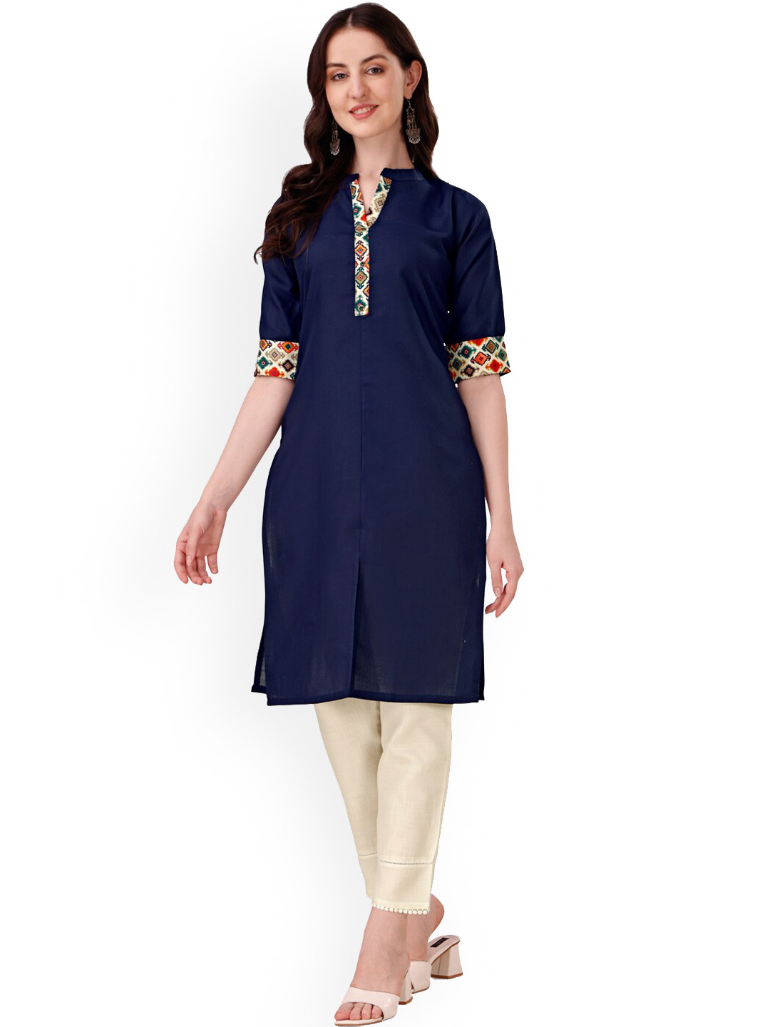 

KALINI Band Collar Roll-Up Sleeves Cotton Kurta, Navy blue