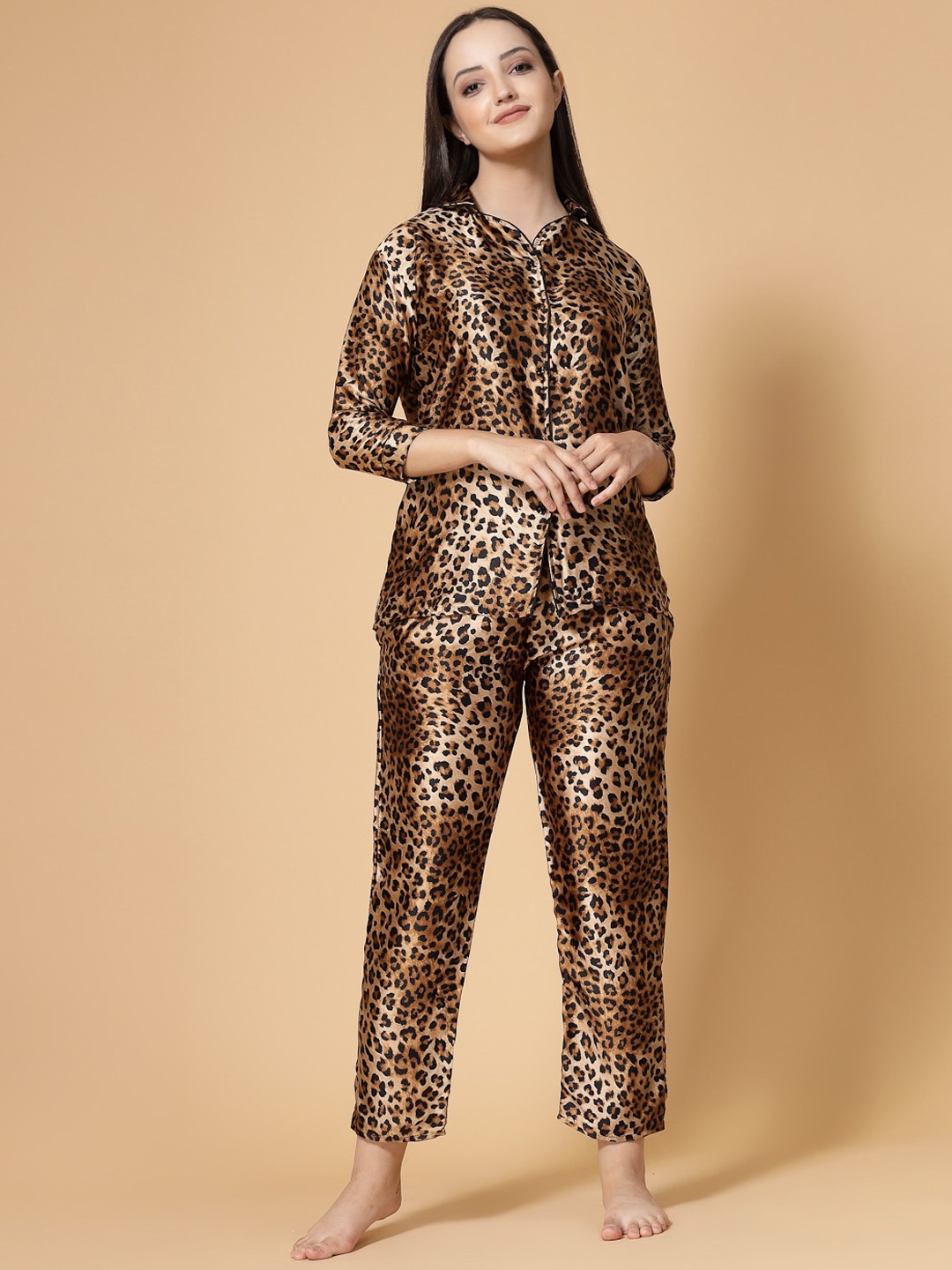

KALINI Animal Printed Pure Cotton Night Suit, Mustard