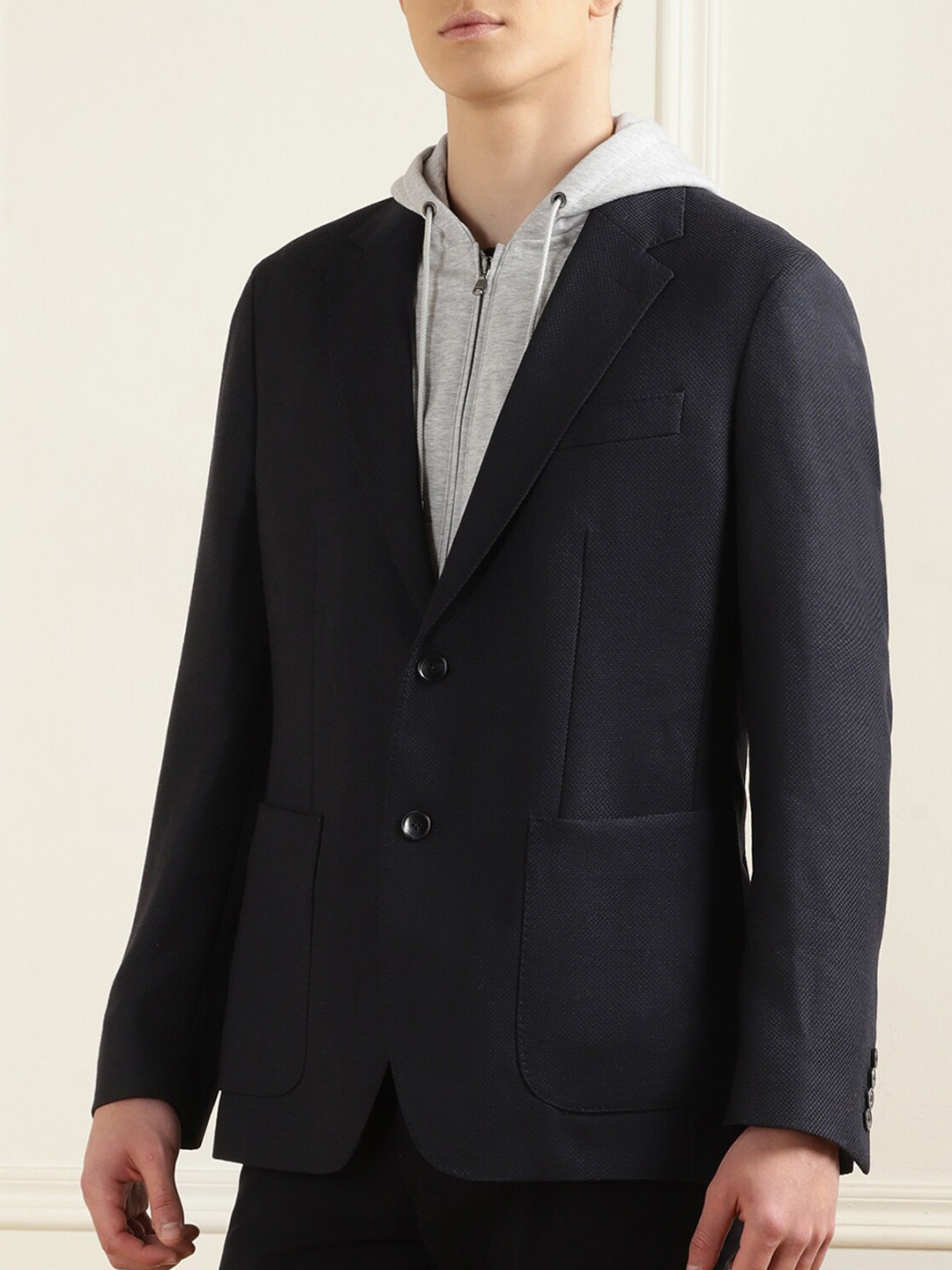 

HACKETT LONDON Men Textured Single Breasted Jersey Hood Blazer, Navy blue