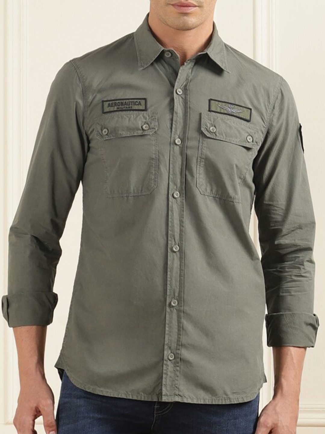 

Aeronautica Militare Spread Collar Cotton Casual Shirt, Olive