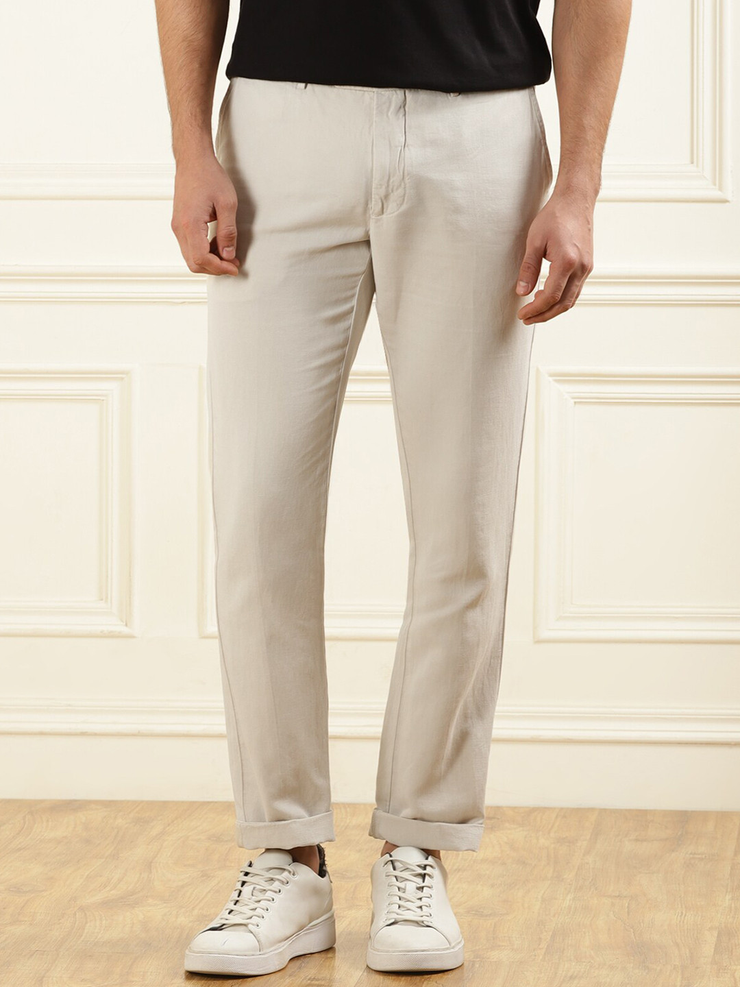

HACKETT LONDON Men Mid-Rise Cotton Linen Trousers, Beige