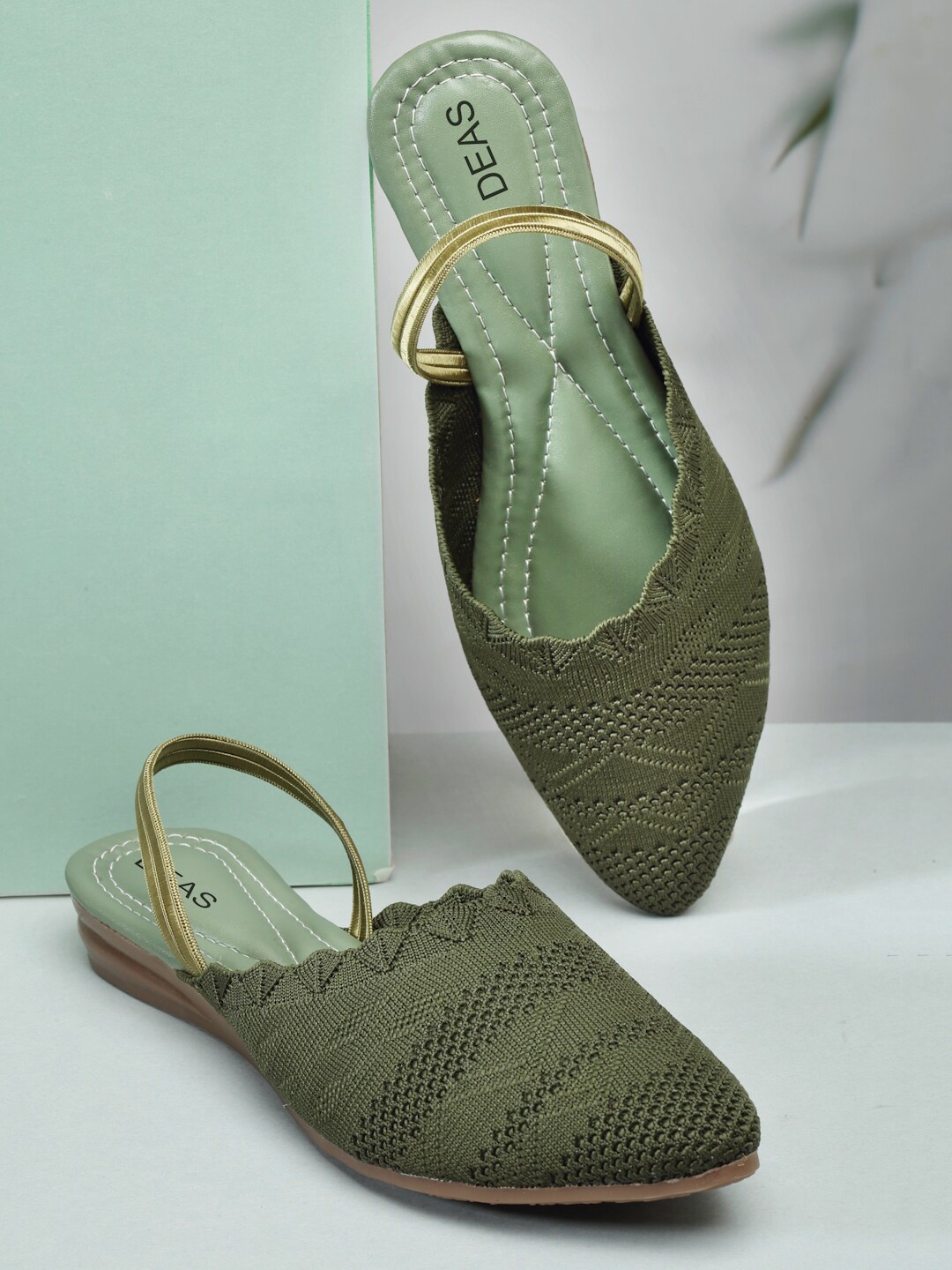 

DEAS Women Pointed Toe Woven Design Mules With Backstrap, Olive