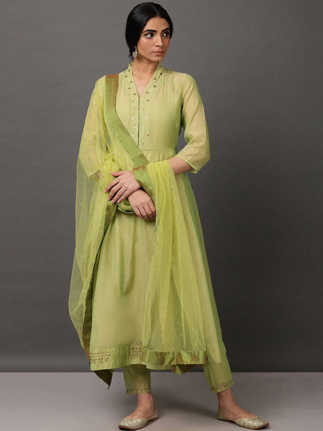 

NUHH Sequinned Chanderi Silk Kurta With Trousers & Dupatta, Lime green