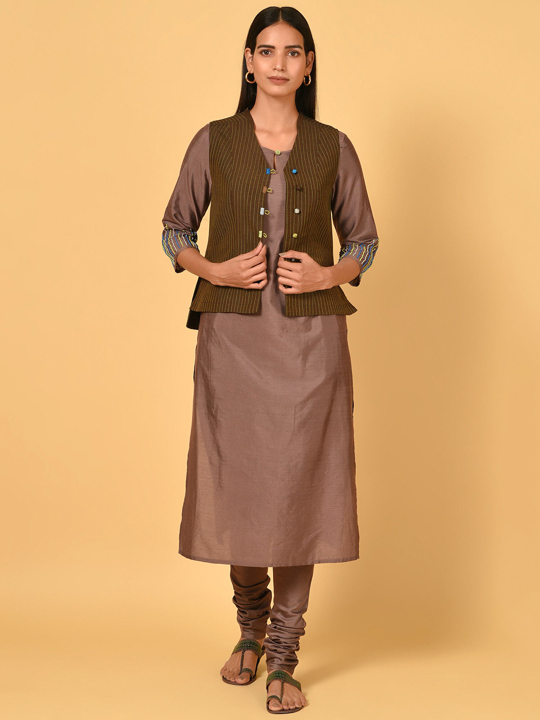 

NUHH Regular Kurta & Churidar With Jacket, Brown