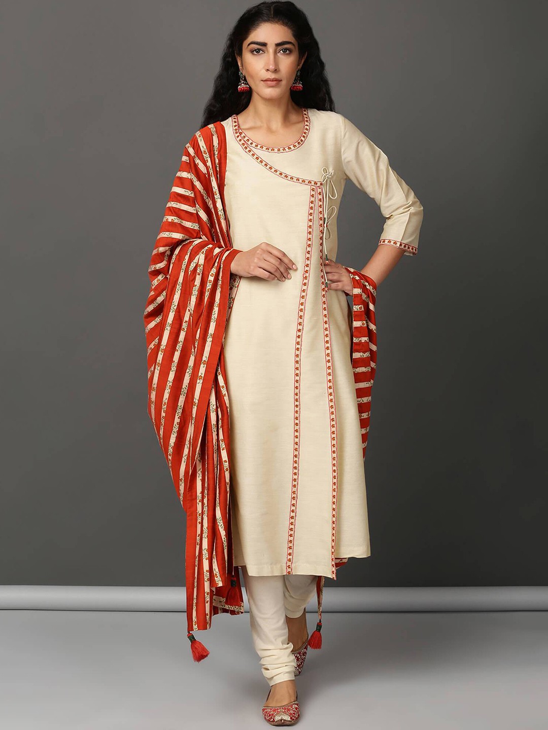 

NUHH A-Line Angrakha Kurta with Churidar & Dupatta, Cream