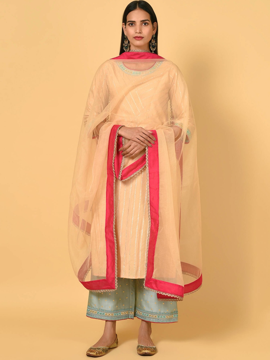 

NUHH Striped Regular Kurta & Palazzos With Dupatta, Beige