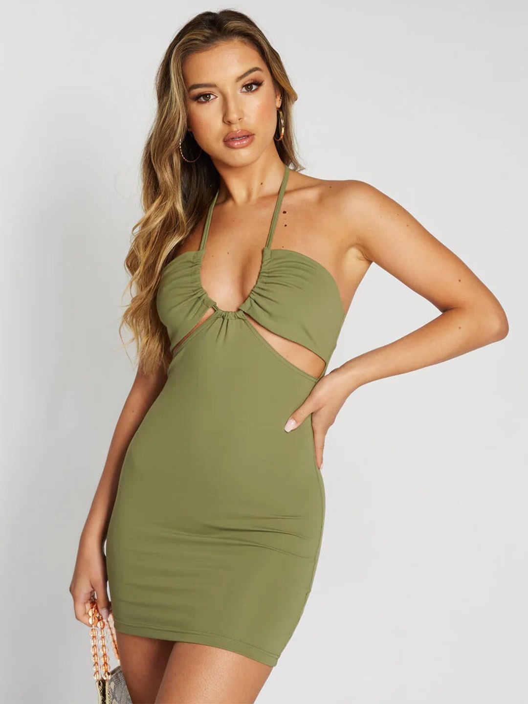 

BAESD Tie-Up Neck Cut-Outs Detailed Bodycon Dress, Green