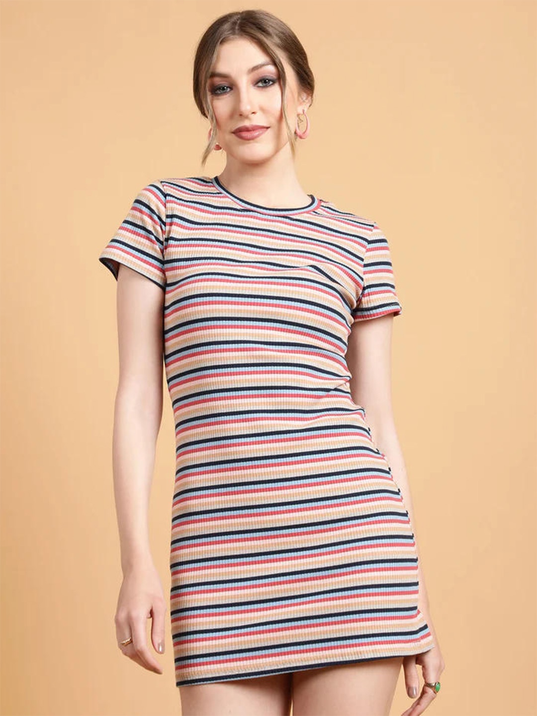 

BAESD Striped Round Neck Bodycon Mini Dress, Beige