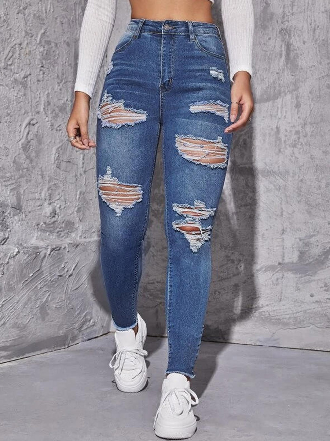 

BAESD Women Mid-Rise Slim Fit Highly Distressed Light Fade Jeans, Blue