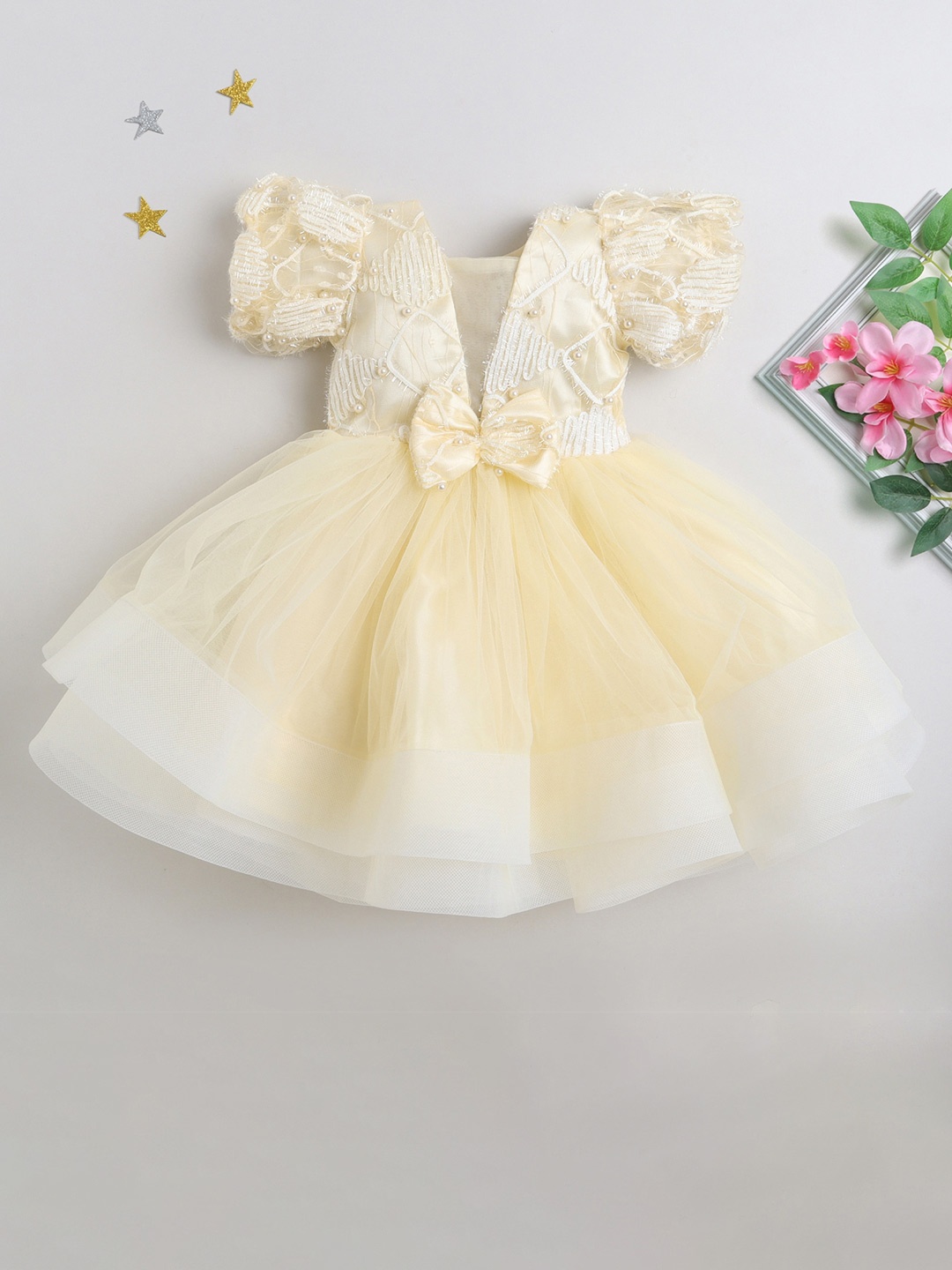 

MANY FROCKS & Girls Threadwork Bow Detail Fit & Flare Dress, Yellow