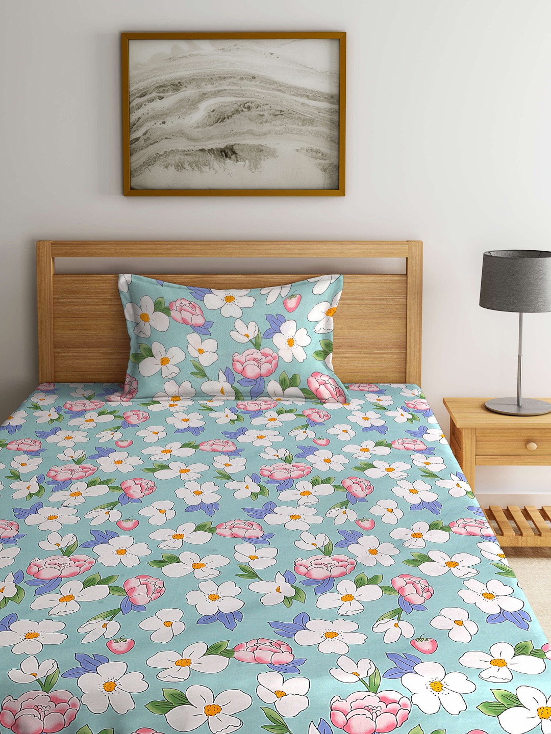 

Arrabi Blue & Pink Floral 300 TC Fitted Single Bedsheet with 1 Pillow Covers