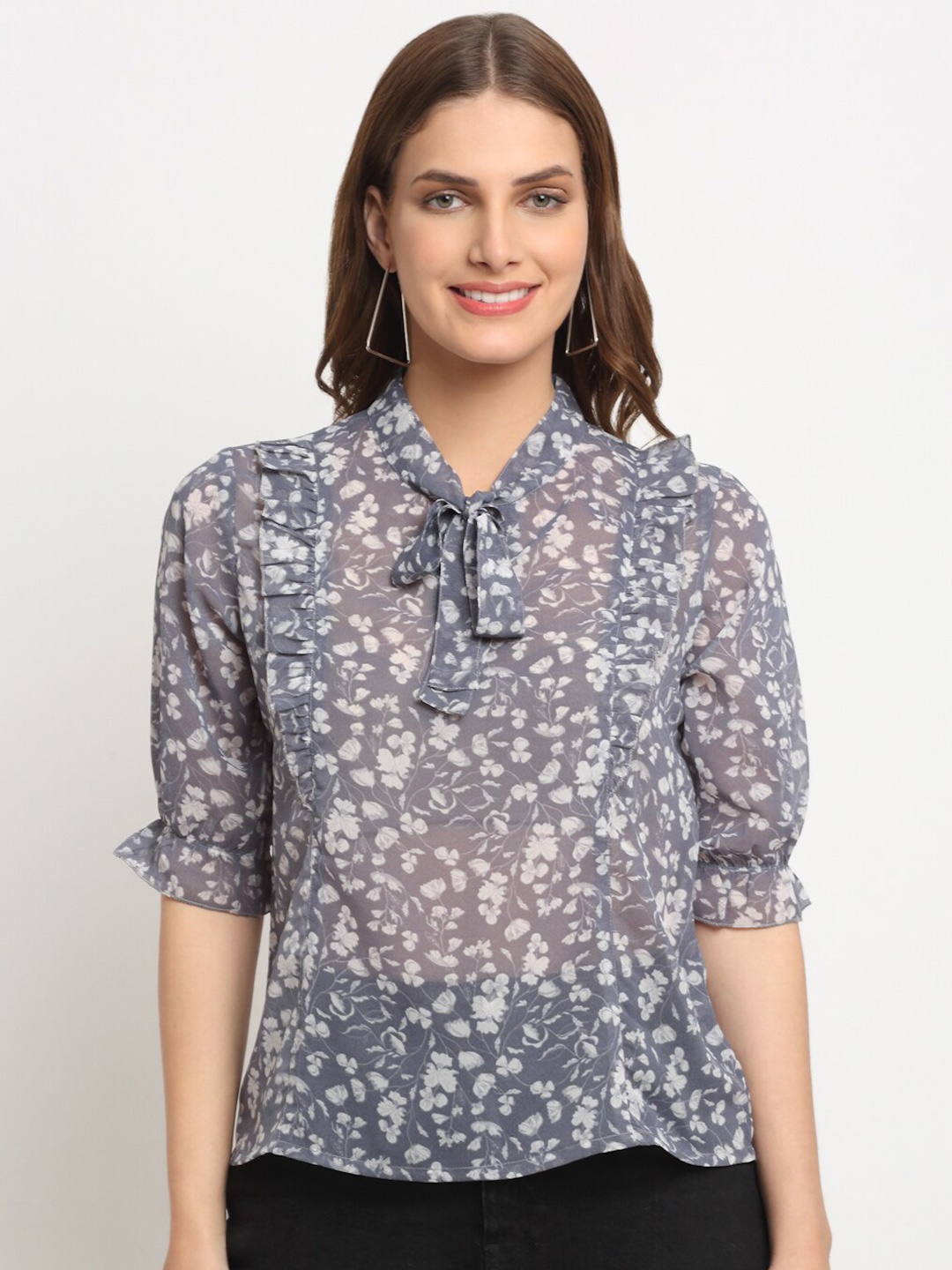 

KALINI Floral Printed Tie-Up Neck Top, Grey