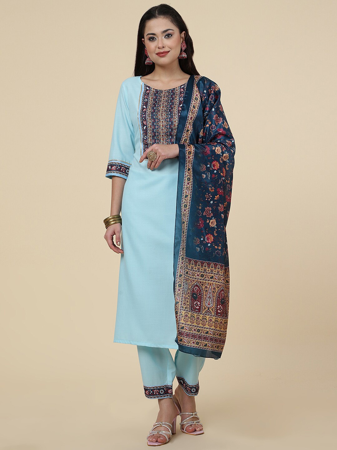 

HERE&NOW Turquoise Blue Ethnic Motifs Yoke Design Kurta & Trousers With Dupatta