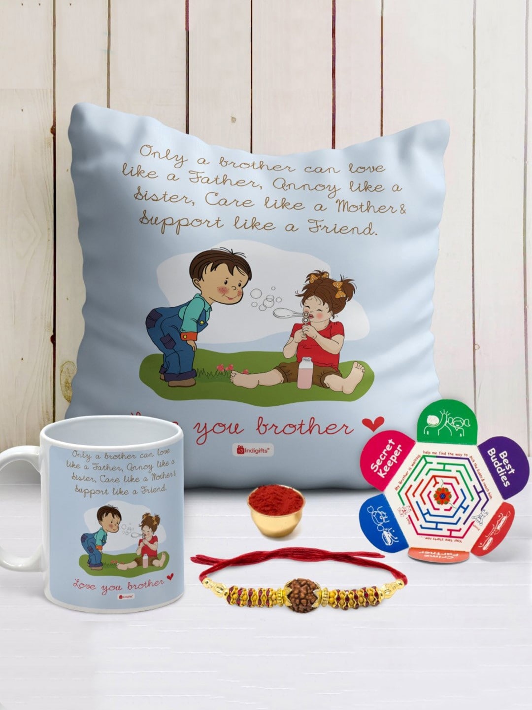 

Indigifts Love You Brother Quote Printed Cushion Ceramic Coffee Mug & Rakhi Gift Set, Blue