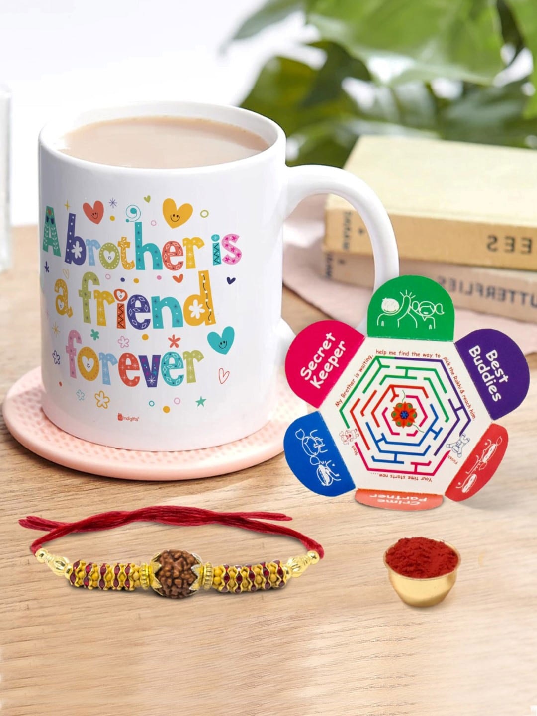 

Indigifts Brother Is A Friend Forever Printed Cushion, Mug & Rakhi Gift Set, White