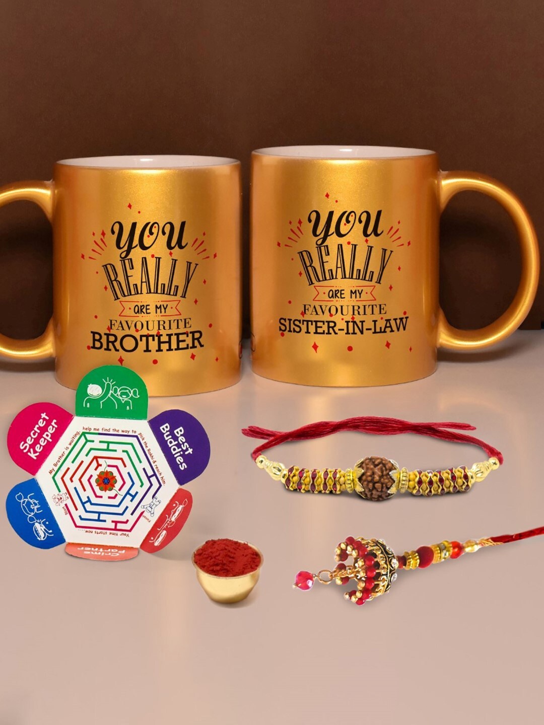 

Indigifts Rudraksha Rakhi With Printed 2 Coffee Mugs, Gold